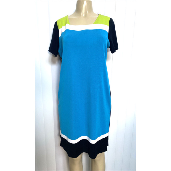 Exclusively Misook Dress Black Blue Color block Shift Short Sleeve Round Neck L - Picture 2 of 7